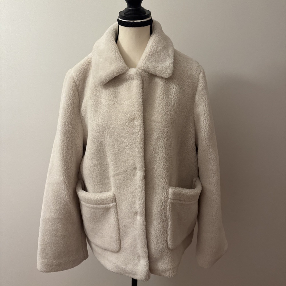 Rebecca Minkoff Sherpa Fleece Teddy Coat Cream Button Front Pockets Women's L